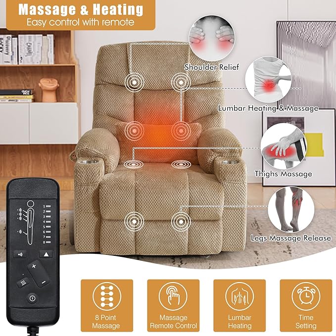 CDCASA Oversized Dual Motor Lay Flat Power Lift Recliner Chair with Massage, Heat, Textile Infinite Position Large Recliner Chairs for Big Men & Elderly, Lumbar Pillow, USB & Type-C Ports,2PCS, Beige
