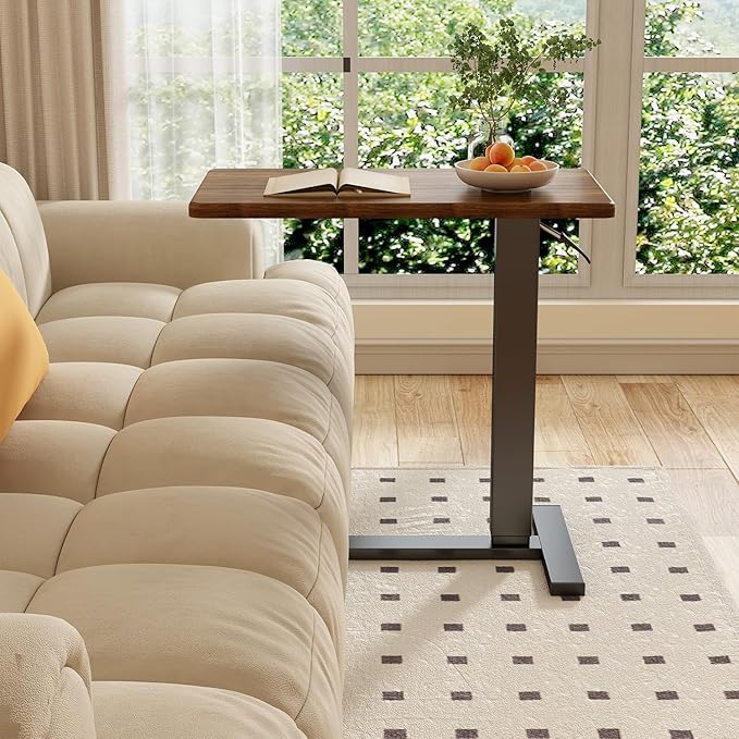 Overbed Bedside Table with Wheels Adjustable Hospital & Home Use Bed Table Rolling Movable Laptop Mobile Standing Desk Pneumatic Computer Cart Waterproof L-Shaped Steel Base Tray Tables,Brown