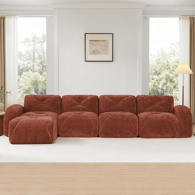 Modular Sectional Sofa with Free Combination,Oversized Boneless Floor Couch for Living Room & Lounge,Velvet 4-Seater Sectional Couch with Ottoman,No Assembly Needed