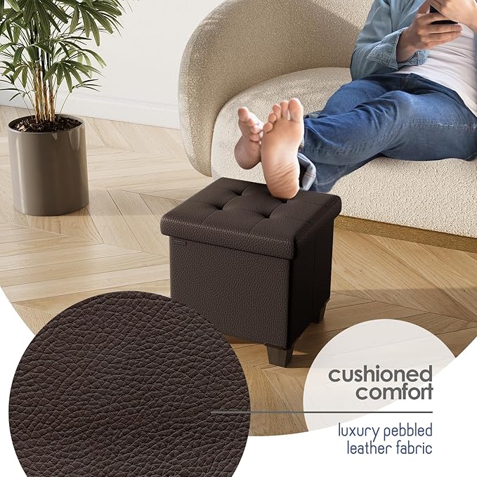 Storage Ottoman Cube with Small Bin, 16-in Square Ottoman with Storage for Living Room and Bedroom, Small Ottomans Foot Rest, Faux Leather Foot Stools Ottomans Max 330lbs, Brown
