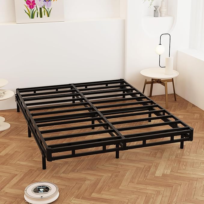 Maenizi King Size Box Spring 4 Inch Low Profile, Heavy Duty Metal Box Spring Bed Base with Fabric Cover, Mattress Foundation, Easy Assembly, Noise Free, Black