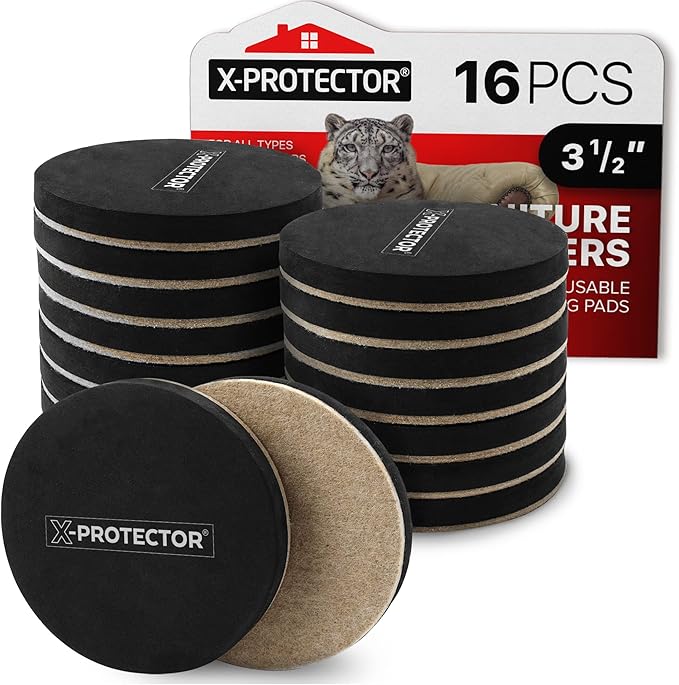 Felt Furniture Sliders Hardwood Floors X-PROTECTOR – 16 PCS 3 1/2" Furniture Sliders – Heavy Duty Felt Sliders Hard Surfaces – Move Your Furniture Easily & Safely!