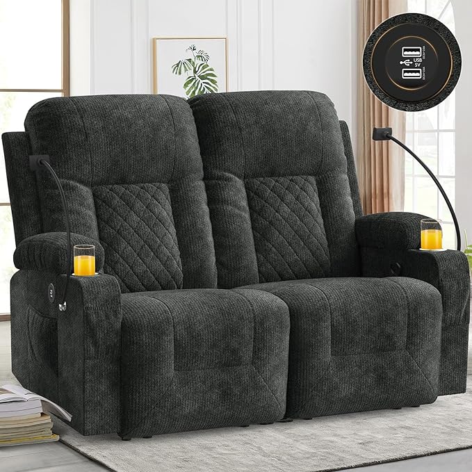 FURNIMAT Loveseat Recliner Sofa, 2 Seater Reclining Loveseat Sofa, Fabric Loveseat Couch, Modern Recliner Chair for Living Room, with Cup Holder and 2 Cell Phone Holders, USB Ports, Grey