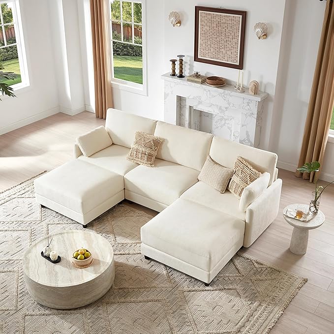 CHITA U Shaped Modular Sectional Sofa with 2 Ottoman, Modern Cloud Couch for Living Room and Apartment, 5 Seat Extra Comfty Sofa, Removable Cover, 107 Inch Width, Cream