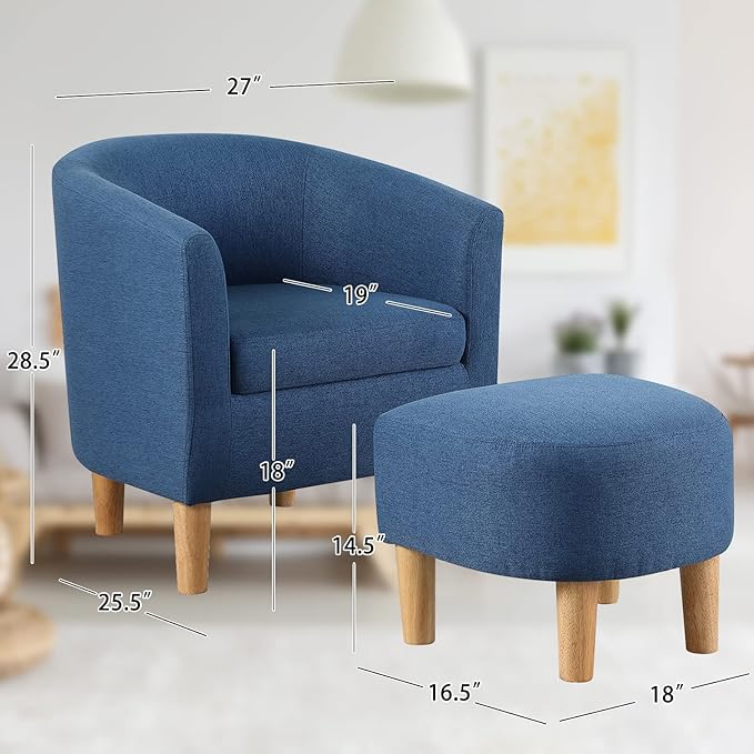 DAZONE Accent Chair, Mid Century Modern Chair with Ottoman, Comfy Arm Footrest Set Comfortable Living Room Chairs Upholstered Barrel Round Club Tub Sofa for Bedroom Reading Room, Blue Set of 1