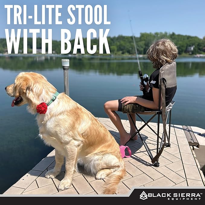 Black Sierra Tri-Lite Stool w/Back, Lightweight Portable Fishing Chair w/Cupholder and Carry Strap, Supports 225-Lb, Portable Outdoor Chair for Hunting, Camping, Travel, Hiking