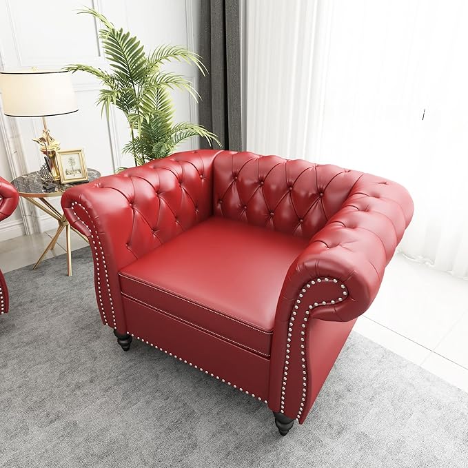 QHITTY Accent Chair, Chesterfield Modern Leather Upholstered Chair with Tufted Back for Living Room Furniture (Burgundy)