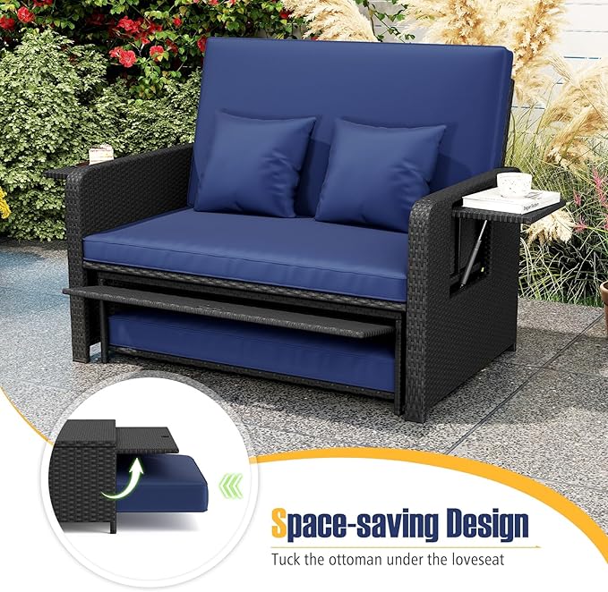 RELAX4LIFE Wicker Patio Outdoor Daybed - Rattan Day Bed Lounger w/Loveseat & Storage Ottoman, Sunbed Sofa Set w/Cushions, 4-Level Adjustable Backrest & 2 Retractable Trays, Patio Daybed (Navy-Black)
