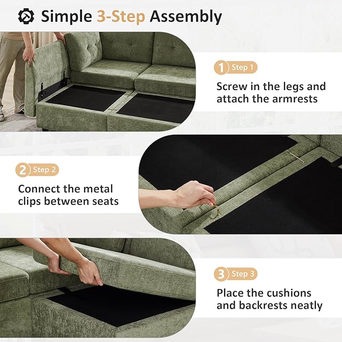 VANOMi 5 Seater Cloud Couches for Living Room with Ottoman, Convertible Modular Sectional Sofa Bed, Chenille Cloud Sofas & Couches for Apartment, Office, Green, Sofa Bed