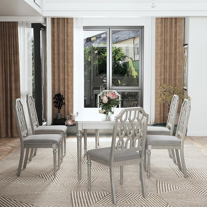 chairus Farmhouse Dining Chairs Set of 6, French Country Wooden Dining Room Chairs with Lattice Back & Nailhead Trim, Upholstered Linen Fabric Kitchen Side Chairs, Grey