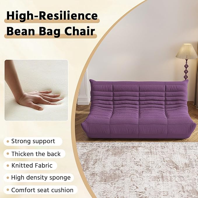 Bean Bag Chair, Fireside Chair, Large Bean Bag Chair for Adults, Bean Bag Chairs for Teens with High-Resilience Foam, Non-Slip Base Floor Lounge Sofa,Living Room (Purple, 3-Seater)