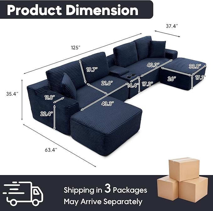 125” Oversized Modular Sectional Sofa, Deep Seat Corduroy Cloud Couch with Cup Holders, USB Ports & Storage Box, Sleeper Sofa Couch Boneless Couches for Living Room, No Assembly Required (Blue)