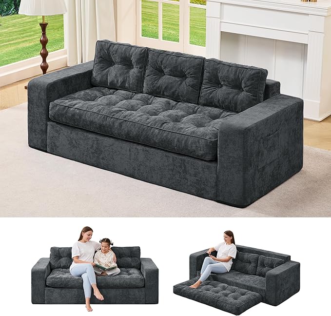 Hobestluk 3-Seater Sofa Boneless Couch with Tufted Button Design 2 in 1 Comfy Cloud Couch Oversized Sofa for Living Room Bedroom Apartment or Office (Blue Grey, 3 Seater)