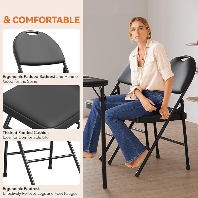 GAOMON 4 Pack Folding Card Chairs, Thickened Padded PU Cushion, Metal Legs and Non-Slip Feet Pads, Portable Stackable Commercial Seat for Events, Office, Wedding, Party, Black