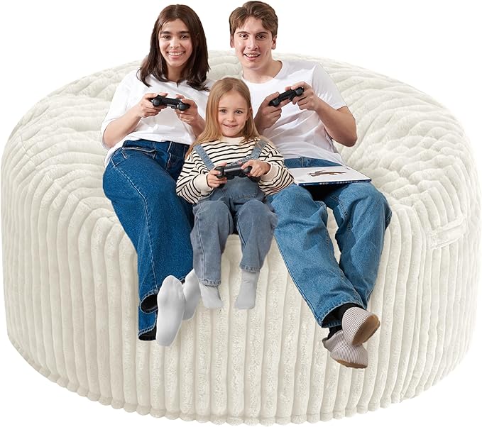 Homguava 6 FT Bean Bag Chair,6' Big Bean Bag,Giant Bean Bag Chairs for Adults with Memory Foam Filled,Comfy Large Beanbag Chairs Soft Bean Bag Sofa with Dutch Corded Plush Cover-White