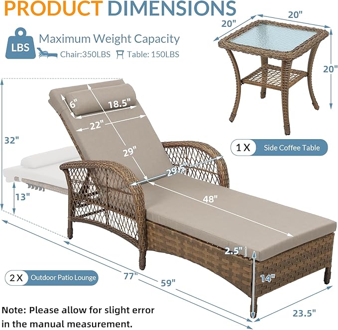 WINGTU 3 Piece Patio Chaise Lounge Set, Outdoor Patio Furniture Modern Lounge Chairs Set of 2 with Side Table & 6-Position Adjustable Backrest, Durable PE Wicker, Weather Resistant Cushions, Beige