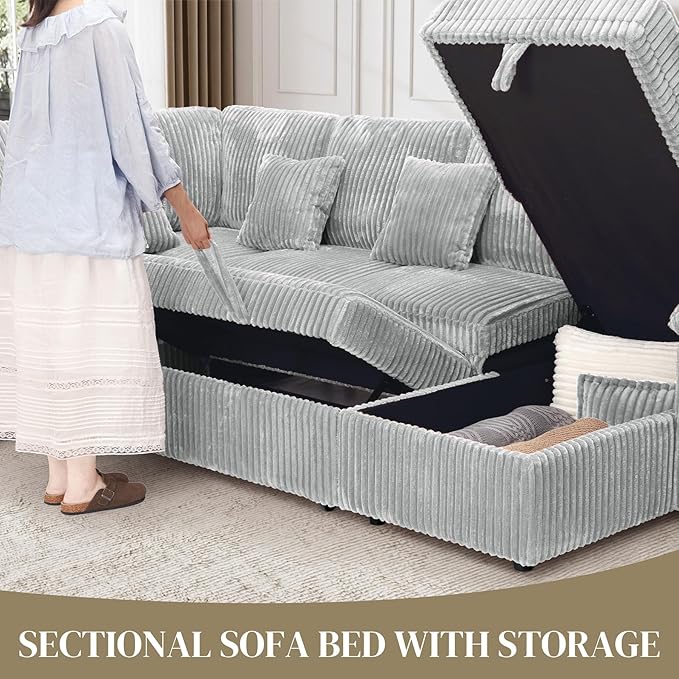Modular Sectional Sleeper Sofa with Pull Out Bed, Storage Chaise & USB Charging, U Shaped Plush Corduroy Sectional Couches for Living Room, Comfy Convertible 7 Seat Cloud Sofa Bed, Light Grey