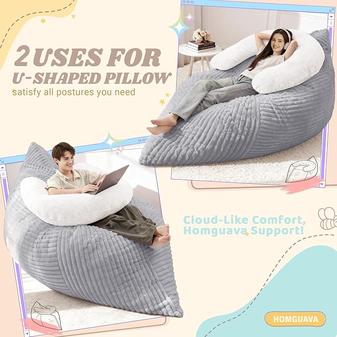Homguava Giant Bean Bag Chair for Adults with Pillow, 4 in 1 Convertible Floor Cushion for Adluts, Memory Foamed Bean Bag Lounger with Washable Cover for Living Room, Bedroom