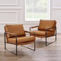 Zouron Genuine Leather Accent Chairs for Living Room, Set of 2, Mid Century Modern Chair with Black Metal Frame, Single Sofa Chair, Upholstered Lounge Reading Armchair, Brown