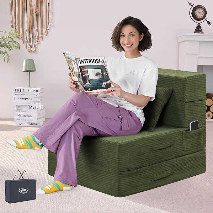 HILERO Folding Sofa Bed, 4 in 1 Convertible Sleeper Chair with Pillow, Single Memory Foam Fold Out Chair Bed, Modern Floor Futon Sofa Couch Mattress for Living Room/Guest/Apartment, Green