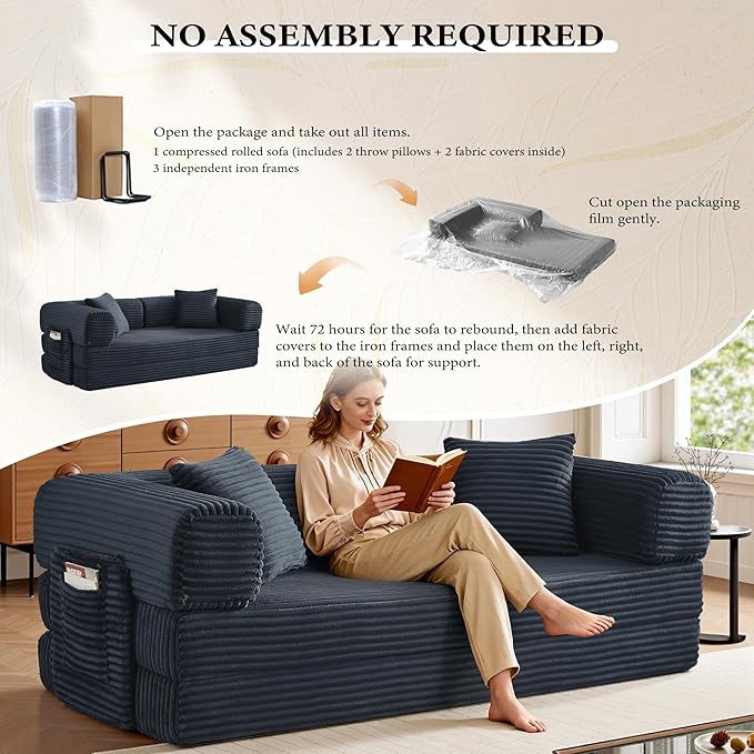 Chorlenimi Boneless Couch Futon Sofa Bed Sectional Couches for Living Room,Cloud Couch with Sleeper Sofa,Sofas for Living Room Oversized Corduroy Upholstered (Gray, 81 Inches (with Iron Frame))