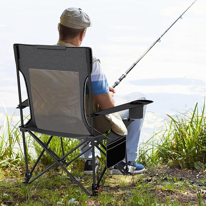 GYMAX Reclining Camping Chairs with Footrest, Lightweight Foldable Camping Chairs with Cup Holders, Adjustable Backrest, Headrest, Heavy Duty Camp Chair for Adult Outdoor Fishing Beach (Grey,1)