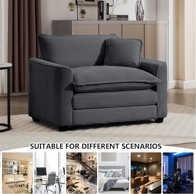 Aoowow Corduroy Large Armchair,Modern Oversized Single Sofa Chairs with Throw Pillow,Deep Single Cloud Sofas Couches for Living Room,Tufted Oversized Accent Arm Chair (Grey, Sofa Chair)