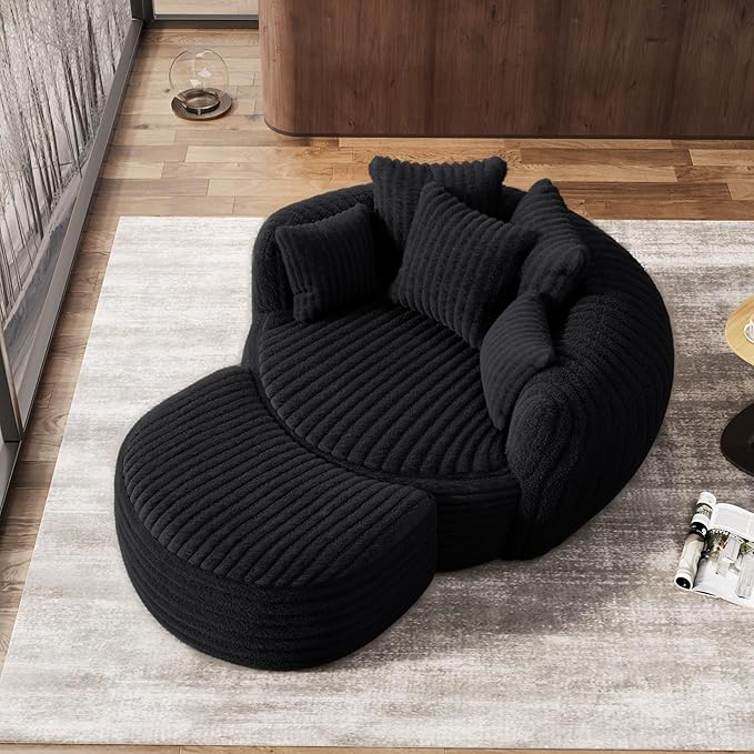 Oversized Chaise Lounge Chair Indoor with Ottoman 50.5" W x 67.0" D Round Soft Corduroy Comfy Oversized Reading Chair with 5 Pillows for Living, Reading Room - Black