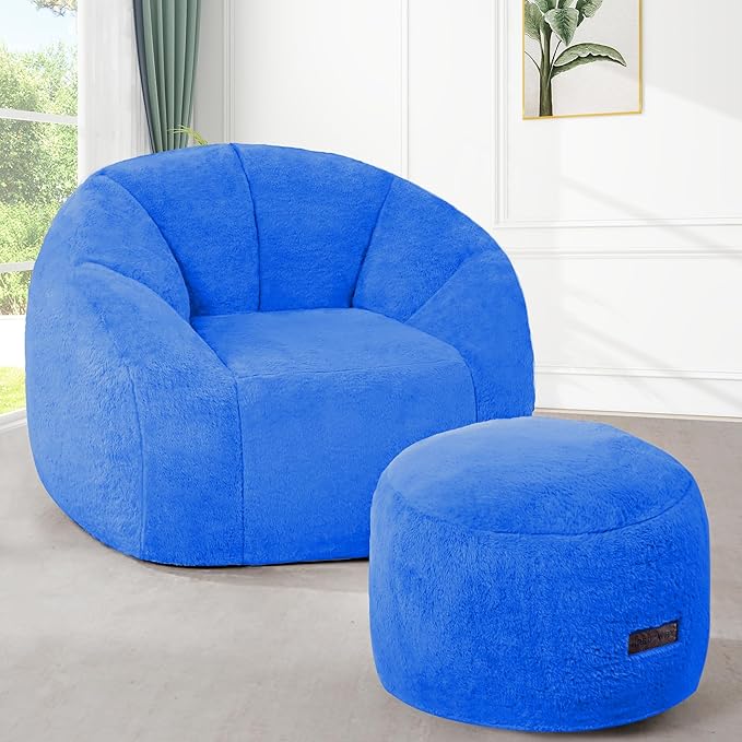 HABUTWAY Bean Bag Chair, Oversized Shell-Shaped Bean Bag Couch with Ottoman, Giant Beanbag Chair for Adults and Kids, Comfy Bean Bag Sofa & Footstool, Large Floor Sofa for Living Room Bedroom, Blue