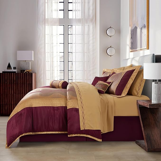 Grand Avenue Elegant Wine Gold 7 Pieces Lightweight Microfiber Bed-in-a-Bag Comforter Bedding Set All Season, Striped, Jacquard Queen Comforter Set, All Season Bedroom Home Décor