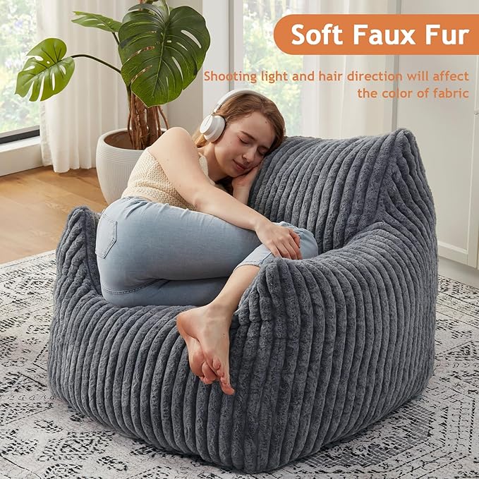 Giant Bean Bag Chairs for Adults with Filling Plush Fluffy Bean Bag Chairs for Teens with Armrests Comfy BeanBag Lazy Couch Sofa Chair for Bedroom Living Room Reading (Dark Gray2, M-for Teens/Adults)