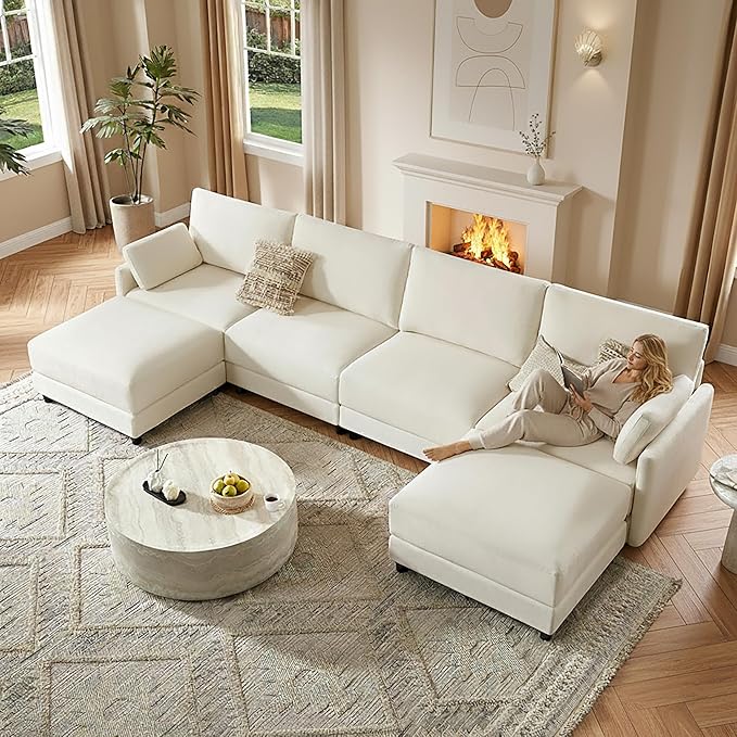 CHITA U Shaped Modular Sectional Sofa with 2 Ottoman, Modern Cloud Couch for Living Room and Apartment, 6 Seat Extra Comfty Sofa, Removable Cover, 141 Inch Width, Cream