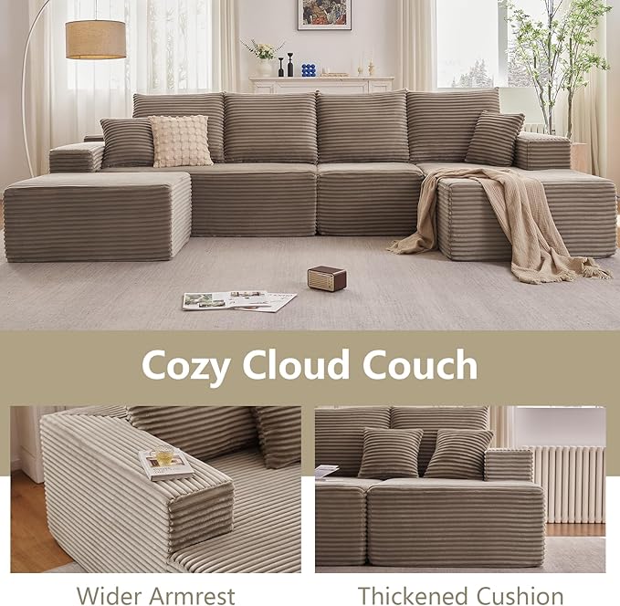 Lakifun 135" U-Shape Cloud Couch, Modern Modular Sectional Comfy L-Shape Sofa with Ottoman, Deep Seat, Upholstered Corduroy Sleeper Chaise Longue for Living Room Bedroom, No Assembly Required, Camel