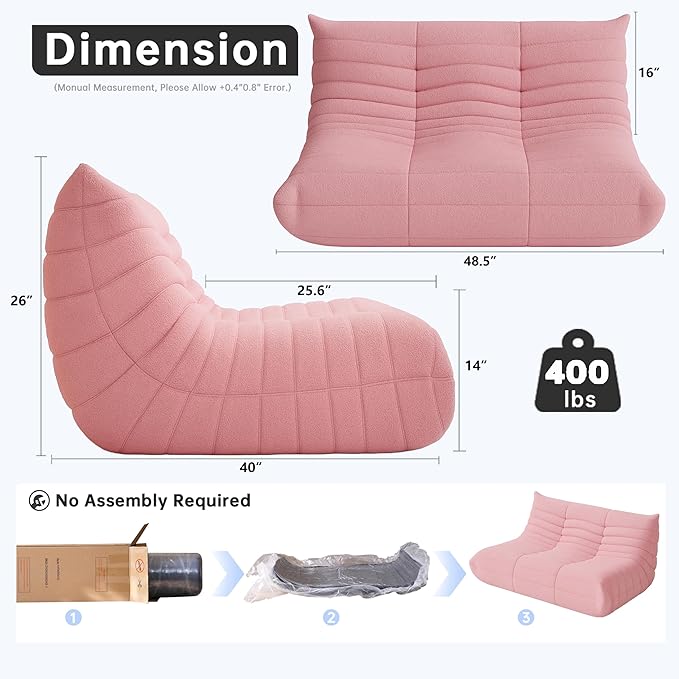 Bean Bag Chairs for Adults, Memory Foam Couch Loveseat Sofa Chair, Soft Teddy Material Cozy Comfy Reading Nook Chairs, Floor Chair for Living Room Bedroom Office(Pink)