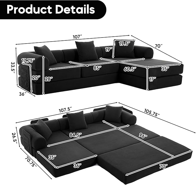 L Shaped Convertible Modular Sofa Bed with Cylindrical Pillow & Reversible Chaise, Corduroy Folding Floor Sofa Couch Bed with Fixed-Shape Frame & Storage Pocket for Living Room, Black