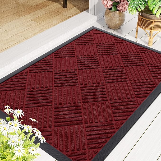 Smiry Front Door Mat Outside Entrance, Heavy Duty Outdoor Indoor Mat, Natural Rubber Doormat, Non Slip, Trap Dirt and Moisture, Easy Clean, Low Profile Patio Porch Entryway Mat, 59x35, Wine Red
