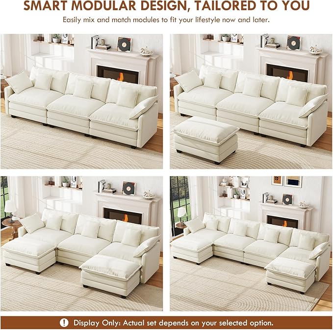 WorthFurni 77 Inch L Shape Cloud Sofa, Modular Sectional Couch with Ottoman, Comfy Chenille Deep Seat Loveseat with Pillow for Living Room Bedroom Apartment （Beige）