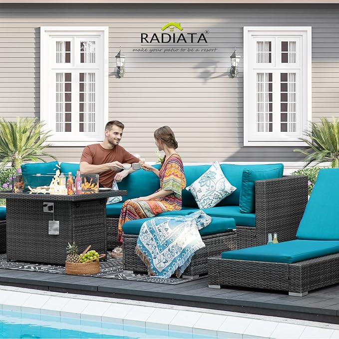 RADIATA 9 Piece Wicker Patio Furniture Set with Fire Pit, All-Weather Outdoor Sectional Couch High Back Large Size, Modular Backyard Seating Sofa Set with Propane/Natural Gas Firepit Table, Grey&Teal