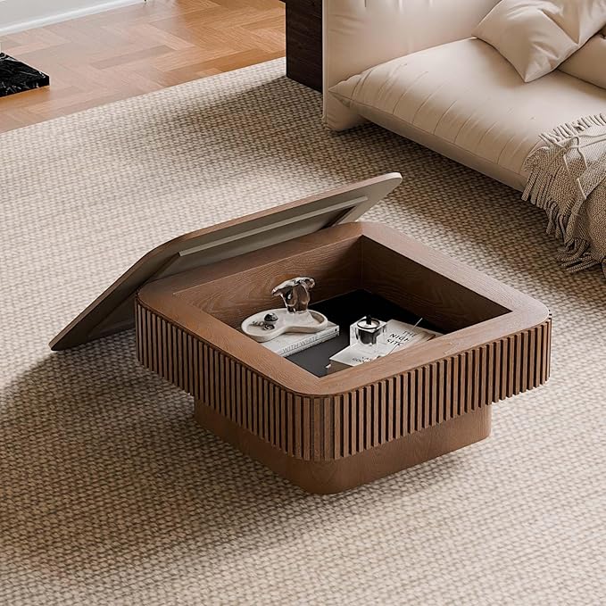 FGXJY Square Small Coffee Table with Storage, Modern Wooden Coffee Table with Solid Wood Veneered, Fluted Center Table Drum Tea Table for Living Room Apartment, 31.5''L×31.5''W×14''H