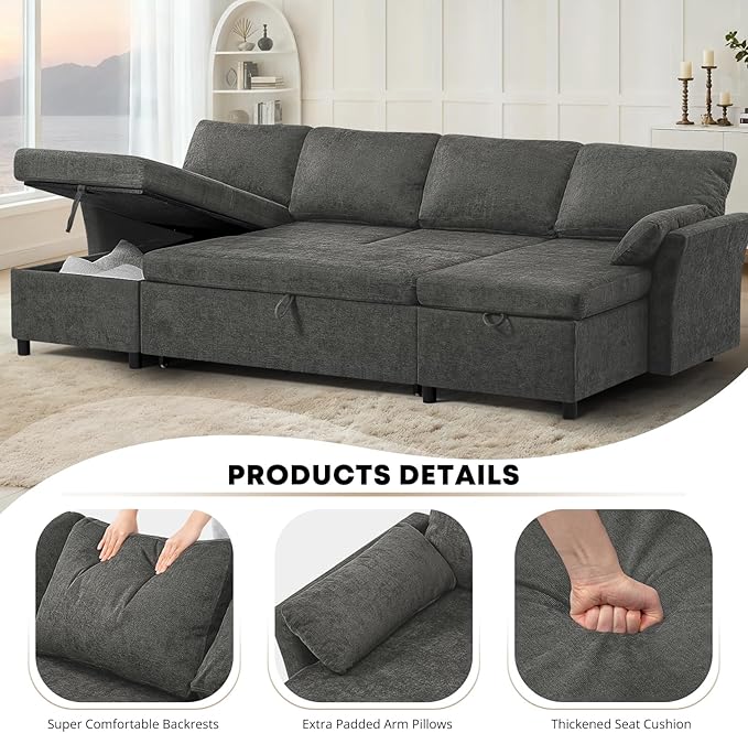 ACMEASE 107 Inches Fabric Sectional Sofa with Pull Out Sofa Bed, Modern U Shaped Sofa with Throw Pillows, Comfortable Sleeper Couch with Storage Chaise for Living Room, Grey