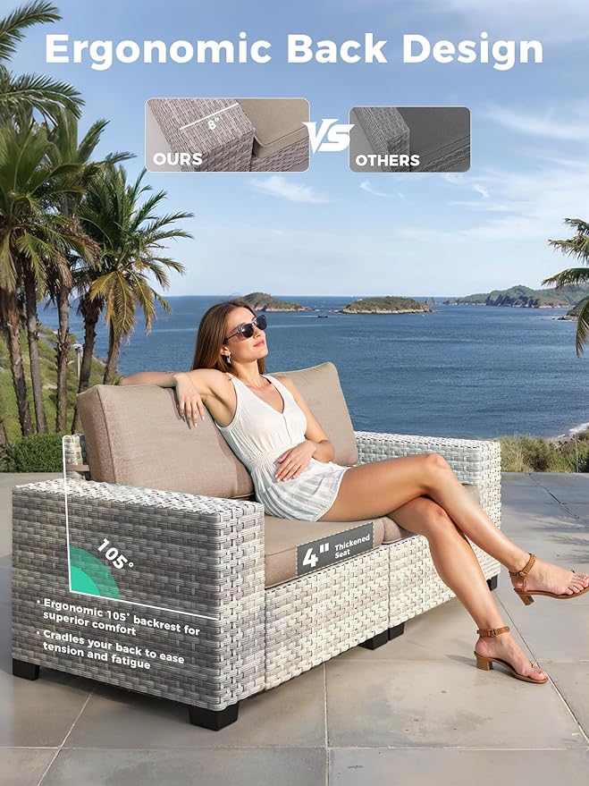 10 Piece Outdoor Wicker Rattan Sectional Sofa Set with Swivel Chairs & Fire Pit Table, 7-Seats with 4" Thickened Cushions & Coffee Table, All-Weather PE Rattan for Garden, Backyard, Porch, Beige