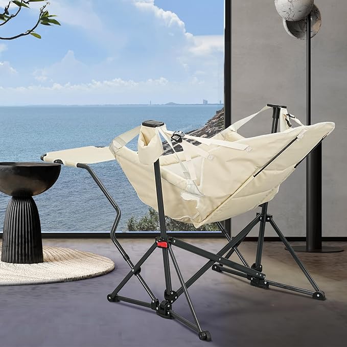 GDY Camping Chairs, Oversized Hammock, Folding Rocking Chairs, Adjustable Back Swing Chairs, Cup Holder, Outdoor Beach Lawn, White.