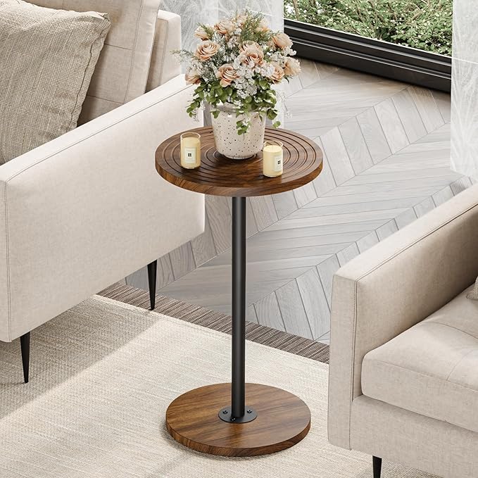 Asgolion Round Side Table, Small Drink Table, Pedestal Martini Stand, Weighted Base Cocktail Table Accent Nightstand for Living Room, Bedroom, Bathroom, Office, Walnut