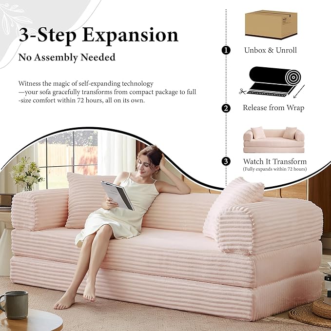 Chorlenimi Boneless Couch Futon Sofa Bed Sectional Couches for Living Room,Cloud Couch with Sleeper Sofa,Sofas for Living Room Oversized Corduroy Upholstered (Pink, 76 Inches (No Iron Frame))