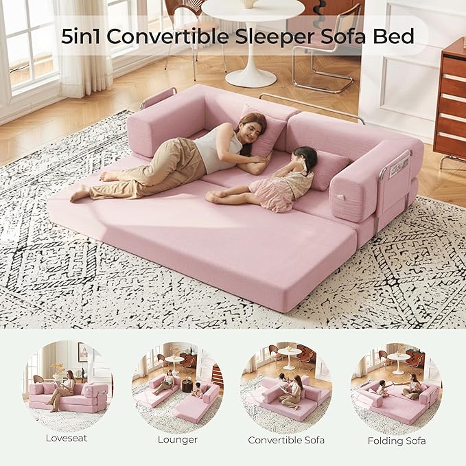 79" Convertible Sofa Bed with Pillows, Corduroy Folding Sleeper Sofa with Fixed-Shape Frame, Boneless Couch for Living Room Bedroom, Floor Sofa Lounge No Assembly Required (A - Style - Pink)