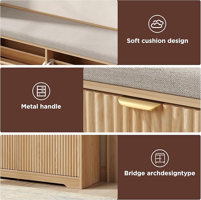 Maupvit Fluted Shoe Bench with Storage, Narrow Wooden Entryway Bench with Removable Cushion & 2 Flip-Drawers, Shoe Cabinet Bench, Farmhouse Boho Shoe Rack for Entrance, Hallway, Living Room (Natural)