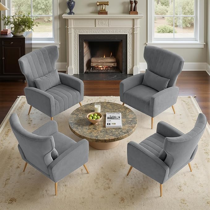 Nalupatio Modern Accent Chairs for Set of 4 Upholstered Velvet Fabric Reading Chair Mid Century Arm Chair Comfy Armchair for Living Room,Grey