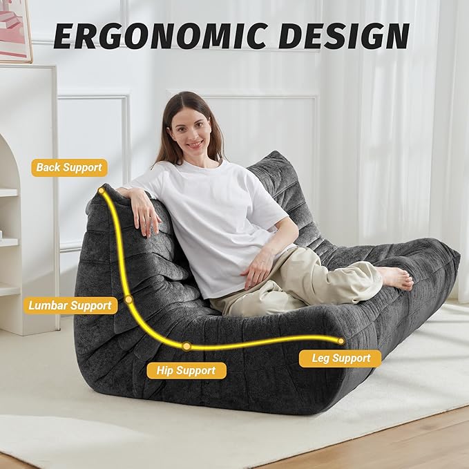 Homguava Bean Bag Chair, Giant Beanbag Chairs for Adults, Memory Foam Fireside Chair, Large Lazy Floor Sofa, Sofa Couch with High-Rebound Foam, Lounge Chair for Living Room, Bedroom (Grey, 3-Seater)