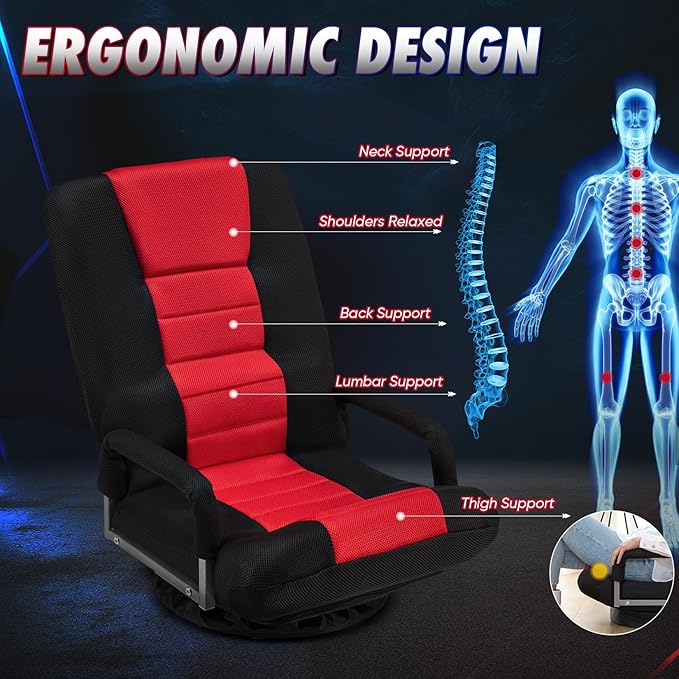 Swivel Gaming Chair 360 Degree Multipurpose 2PACK Floor Chair w/Armrest & 6 Adjustable Postions Backrest for Adults & Kids, for Reading, Gaming, Watching, Relaxing, Red
