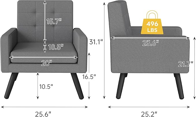 Kromax Mid-Century Modern Accent Chair for Living Room, 496 Lb. Weight Capacity, Dual Armrests, Comfy Extra Large Seat, Timeless Style Perfect for Reading & Relaxing, Dark Grey